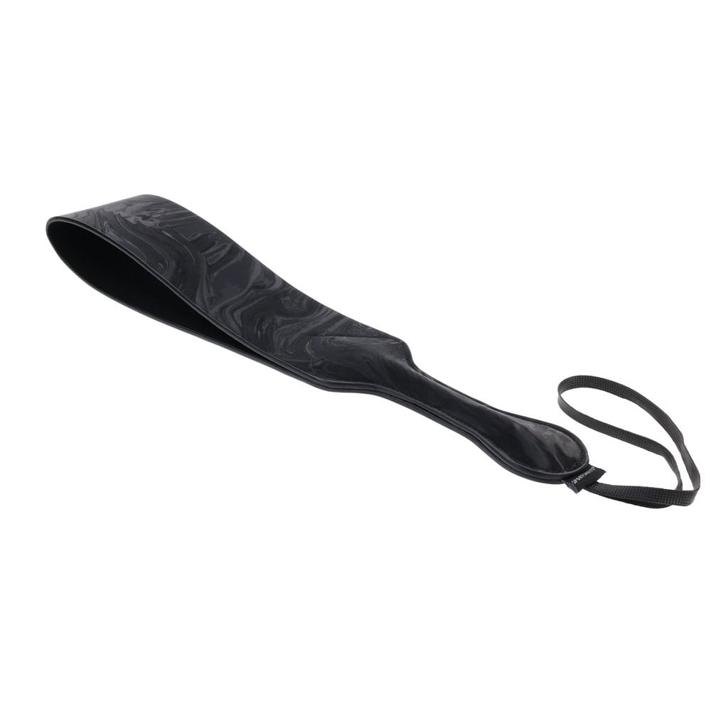Top view close-up of the Velvet Noir Paddle showing the | Flirty Bay adult toys online, best sex tools handle grip and wrist loop